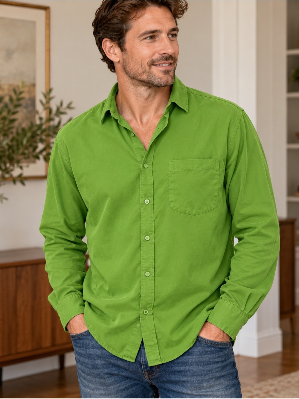 Bugatchi Men's Lime Green Casual Button-Down Shirt